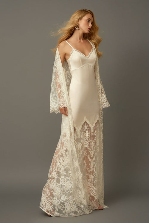 Chantilly Lace Long Robe with Silky Satin Lace Nightgown - next day shipping.