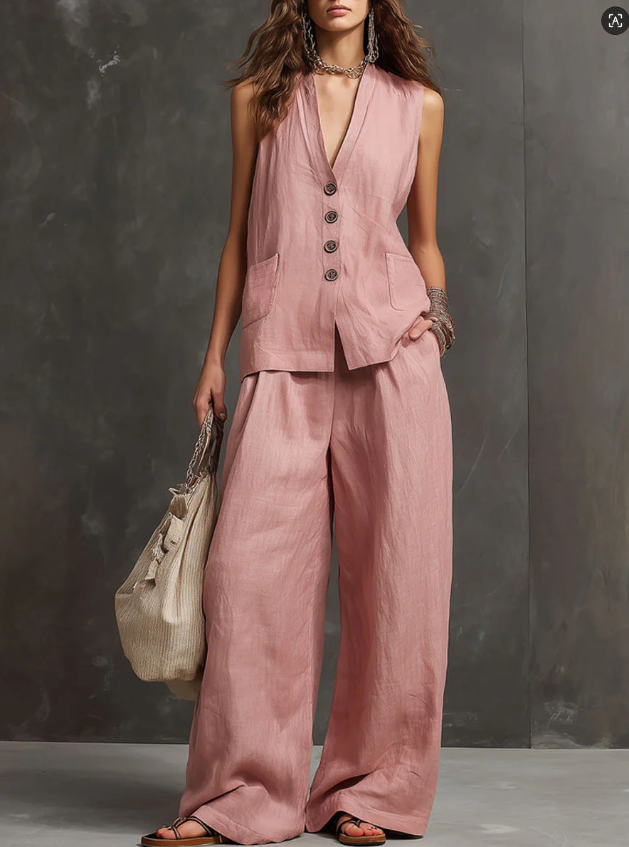 Women's Linen Sleeveless Vest & Wide-Leg Pants Two-Piece Set.