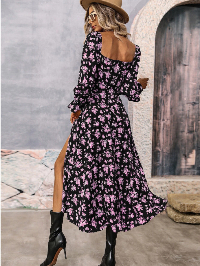 Floral Print Long Sleeve Square-Neck Dress with Bottom Slit