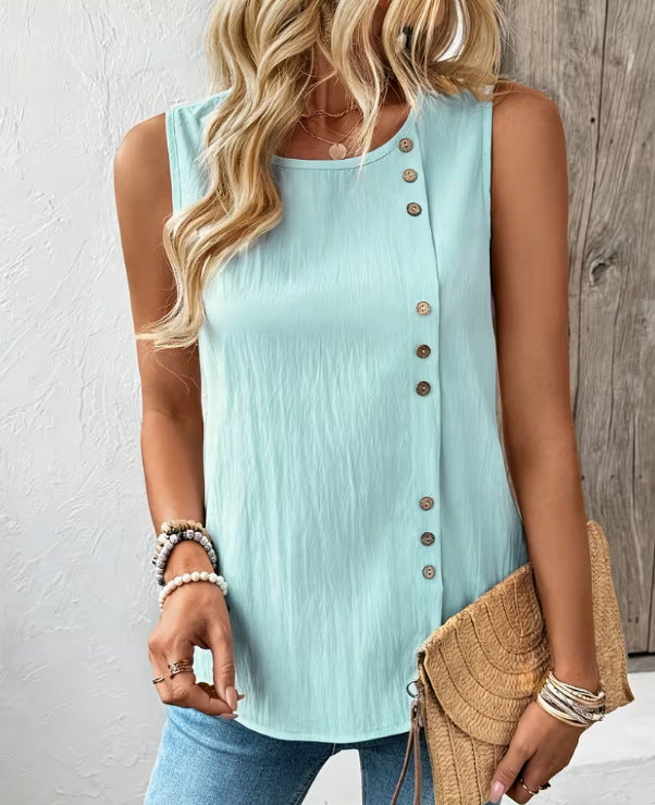 Women's Loose-Fit Round-Neck Cotton Tank Top – Casual Elegant Solid Color.