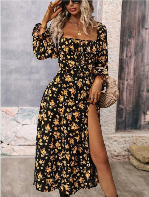 Floral Print Long Sleeve Square-Neck Dress with Bottom Slit