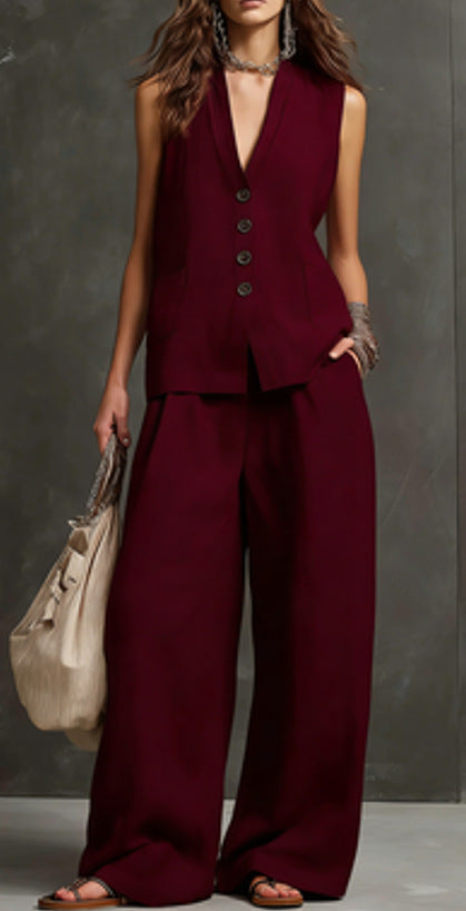 Women's Linen Sleeveless Vest & Wide-Leg Pants Two-Piece Set.