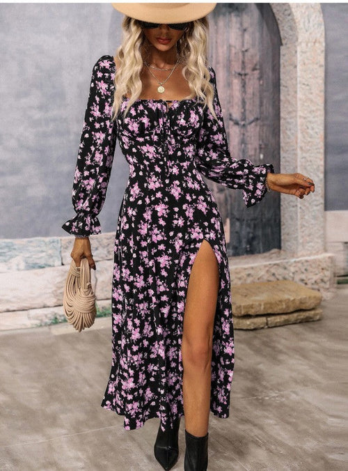 Floral Print Long Sleeve Square-Neck Dress with Bottom Slit