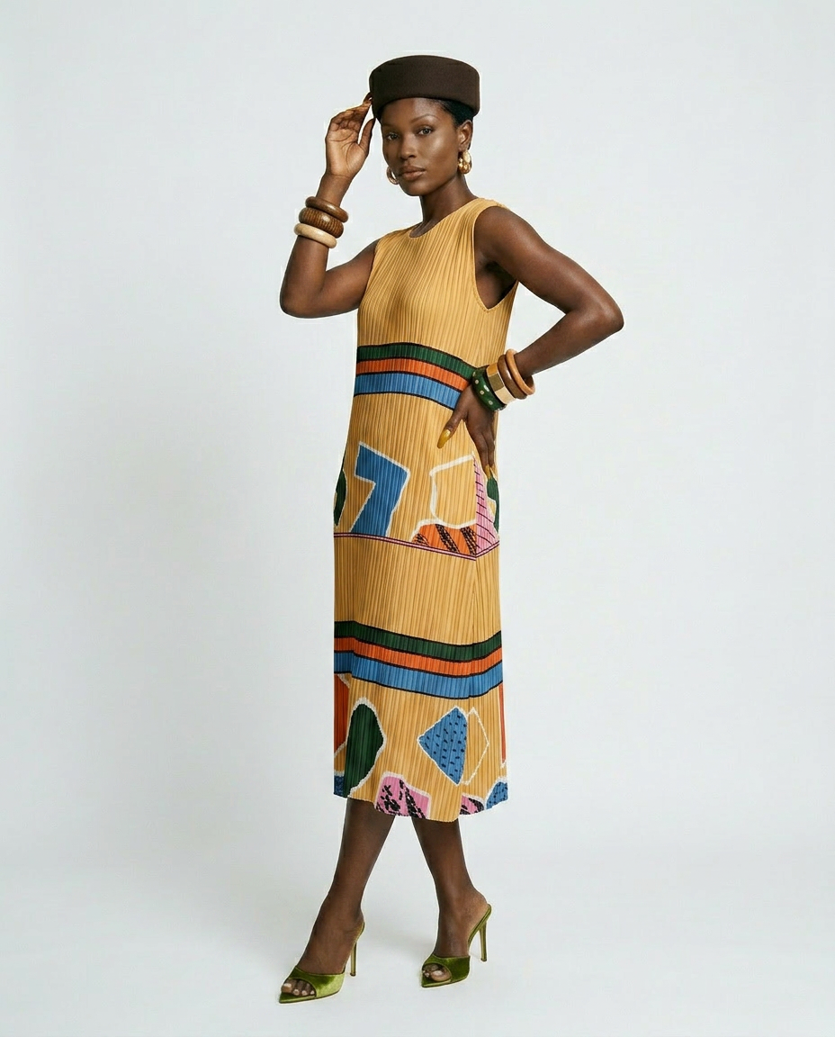 Vibrant Geometric Pleated Midi Dress