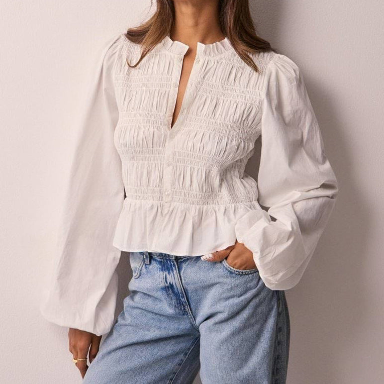 Women's Solid Color Slim Fit Puff Sleeve Cardigan Top