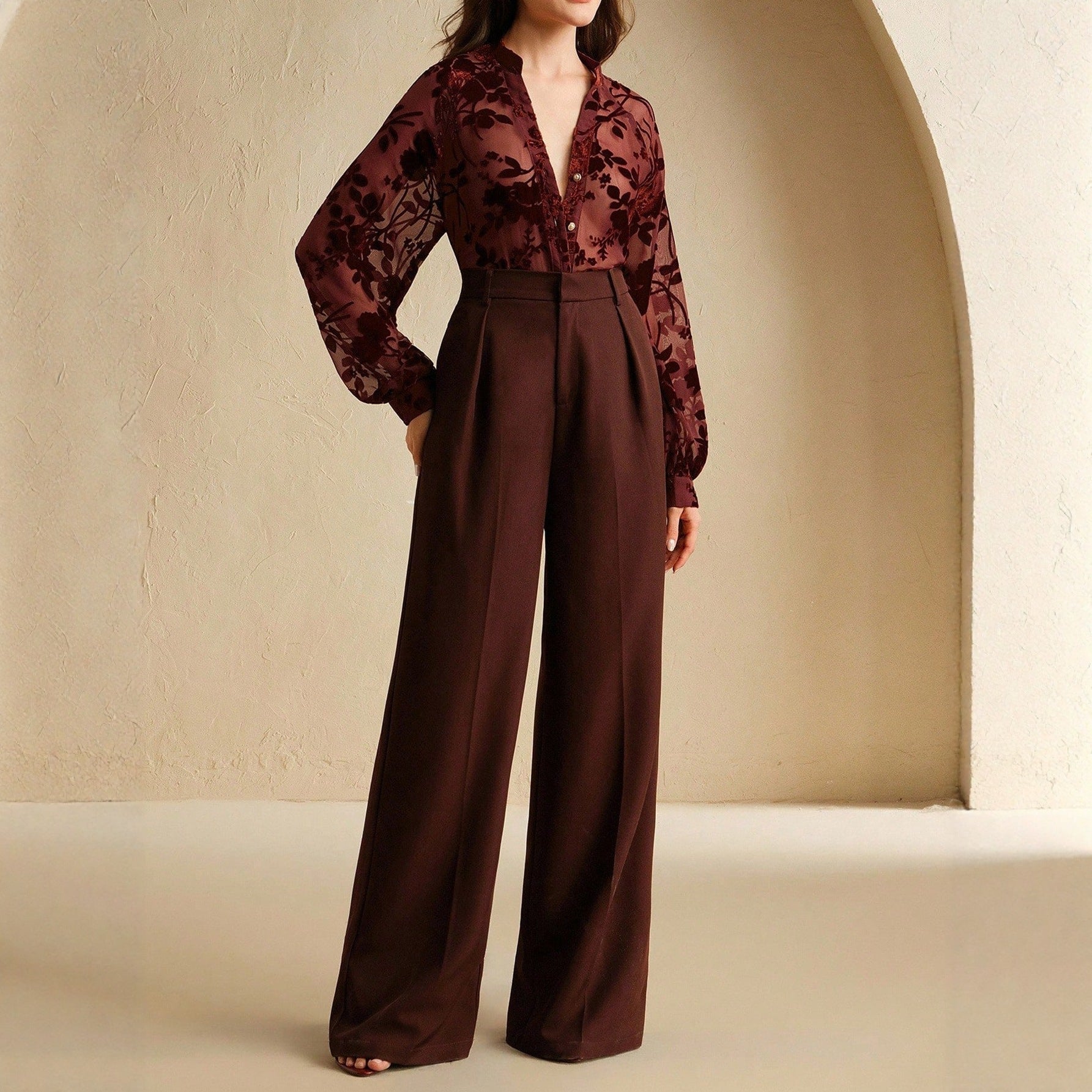 Women's Elegant Tencel Flocking Long Sleeve Shirt