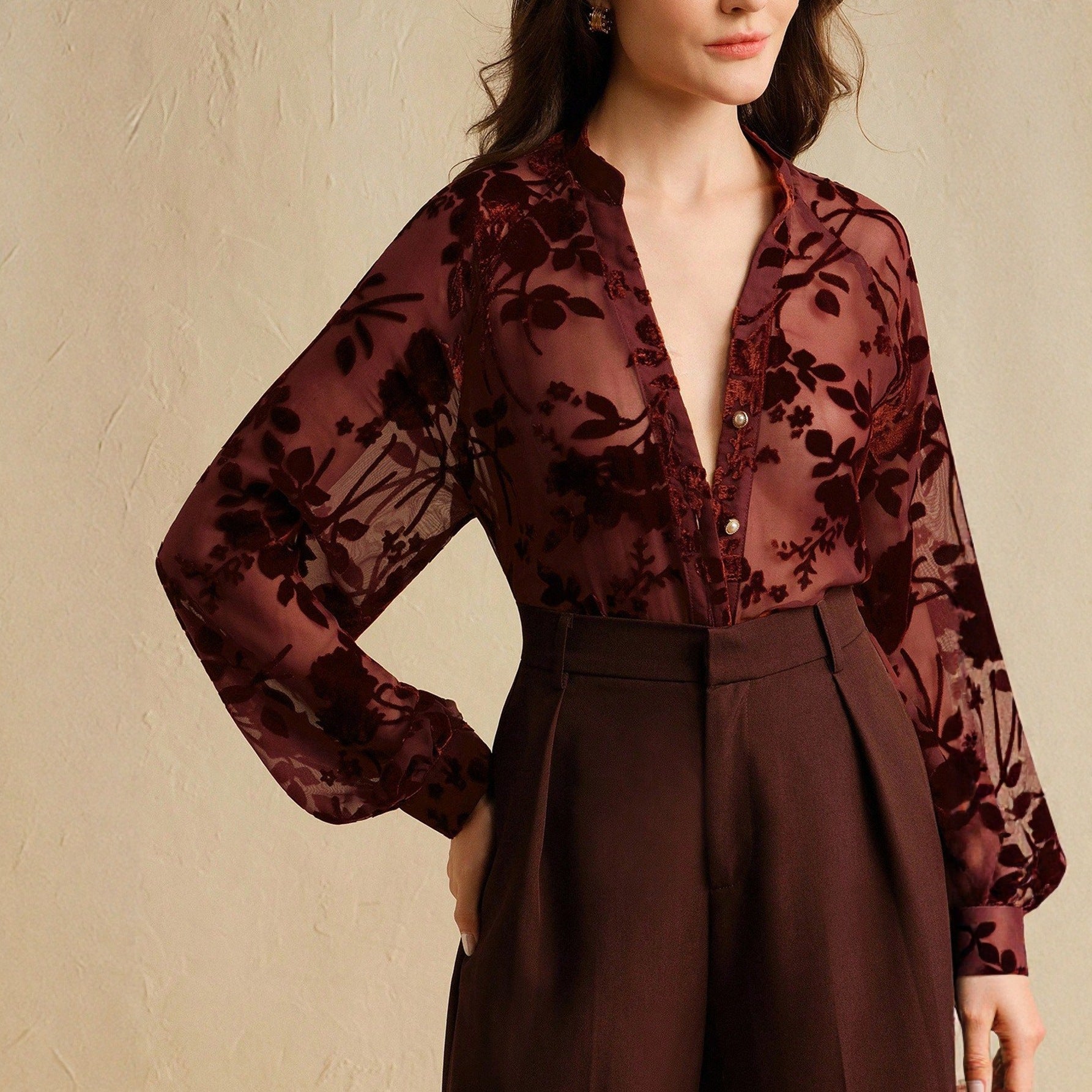 Women's Elegant Tencel Flocking Long Sleeve Shirt