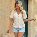 Elegant Lace Stitching V-Neck Short Sleeve Jacquard Shirt