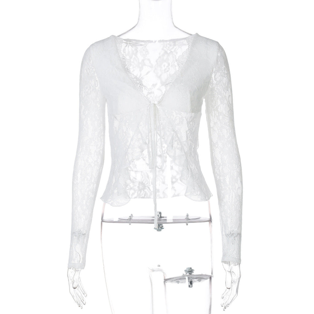 Sexy Lace See-Through V-Neck Lace-Up Long Sleeve Top