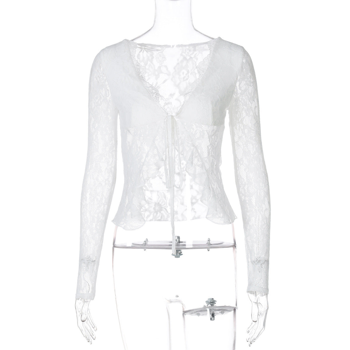 Sexy Lace See-Through V-Neck Lace-Up Long Sleeve Top