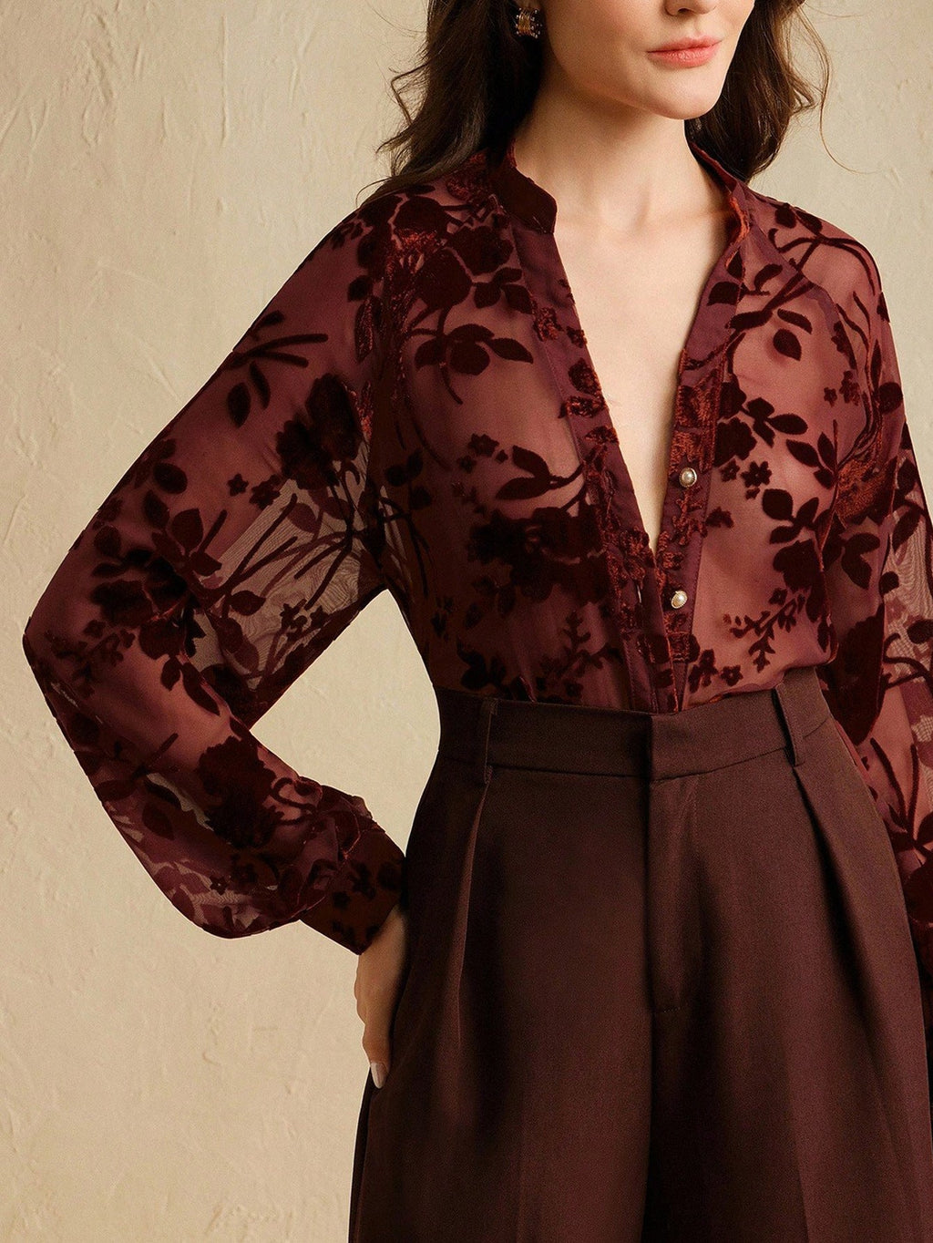 Women's Elegant Tencel Flocking Long Sleeve Shirt