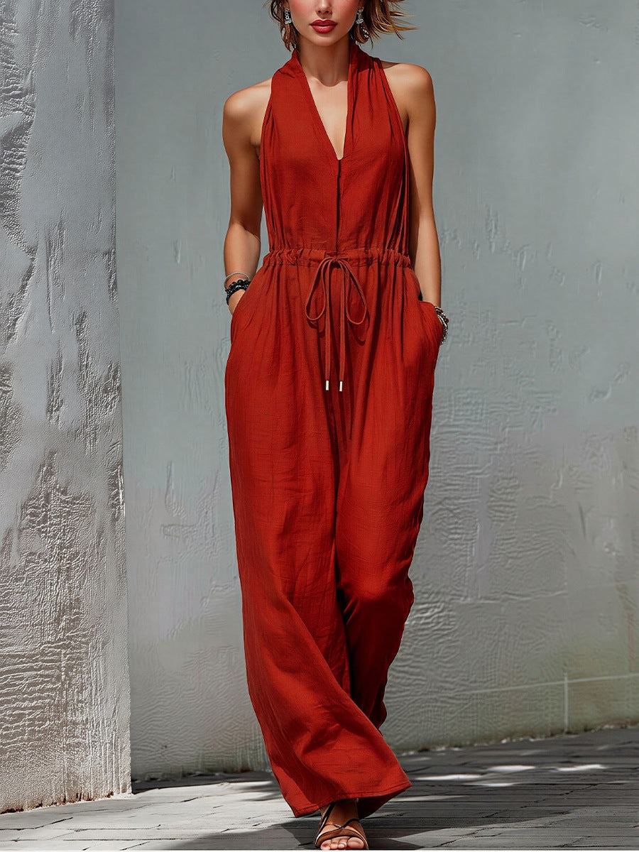 Women's Sleeveless Halter Neck Solid Color Long Jumpsuit.