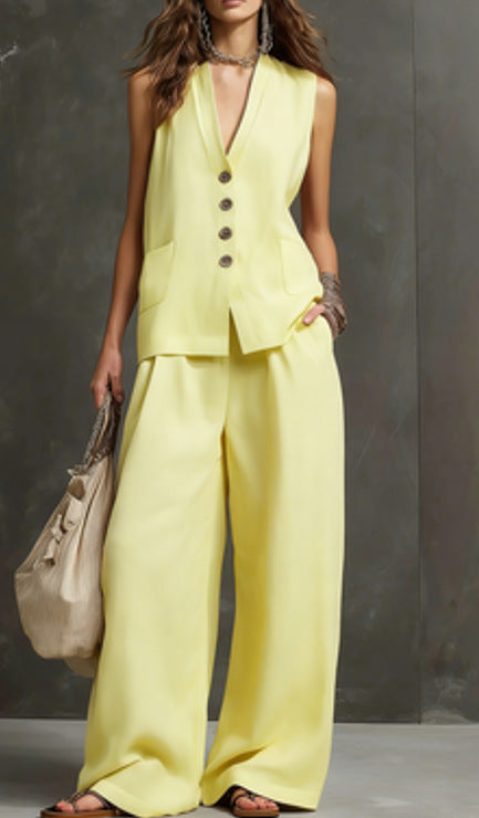 Women's Linen Sleeveless Vest & Wide-Leg Pants Two-Piece Set.
