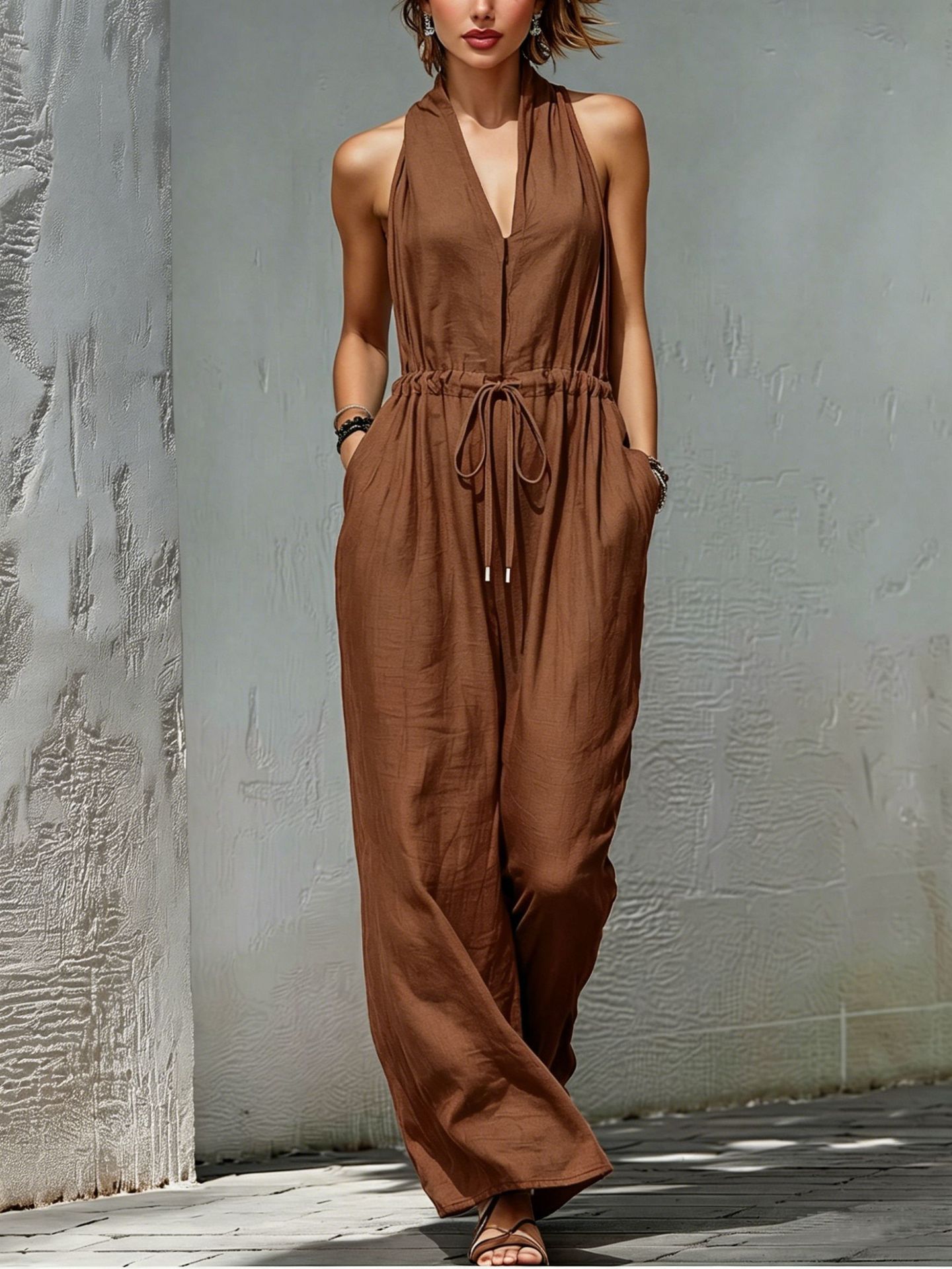 Women's Sleeveless Halter Neck Solid Color Long Jumpsuit.