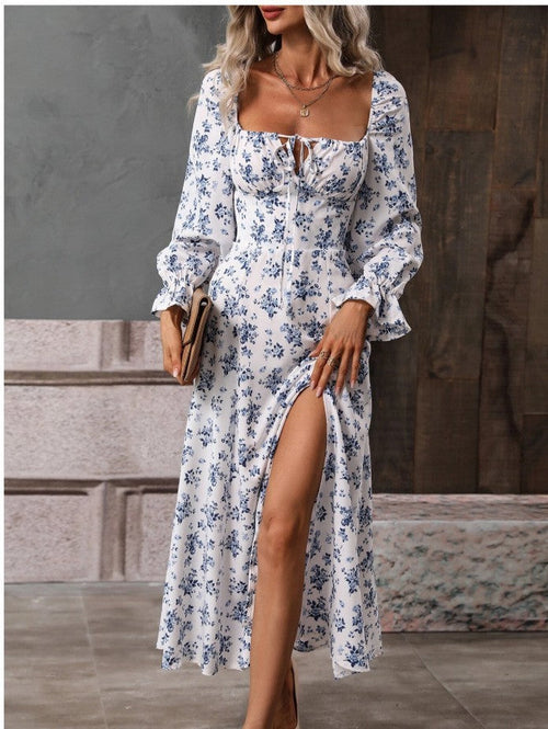 Floral Print Long Sleeve Square-Neck Dress with Bottom Slit