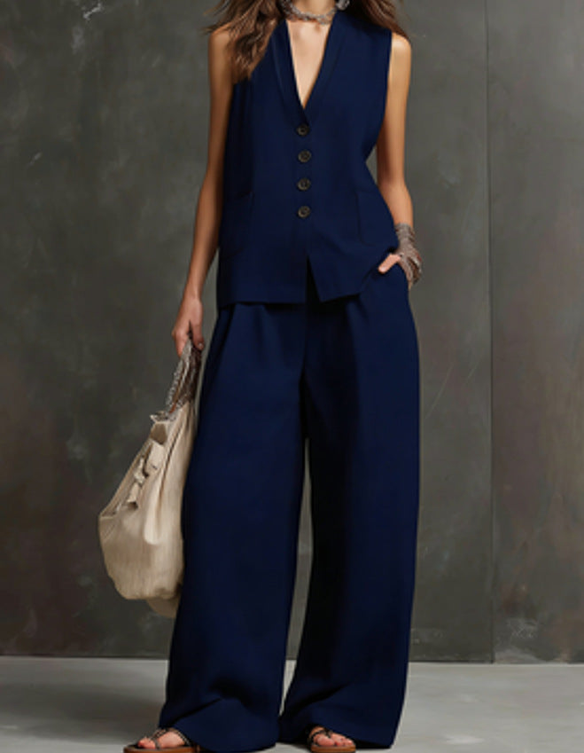 Women's Linen Sleeveless Vest & Wide-Leg Pants Two-Piece Set.